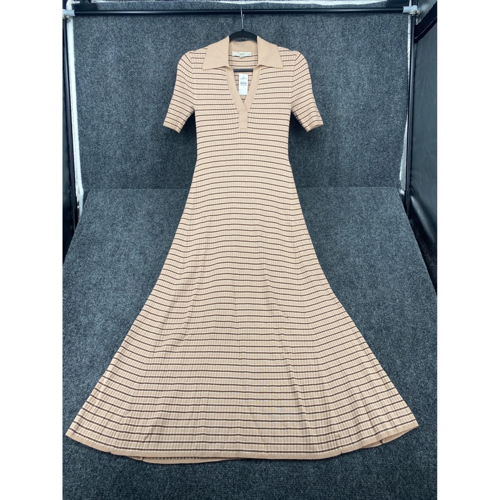 LOFT Striped Ribbed Knit Maxi Polo Dress Womens Size M Tan Brown Short Sleeve